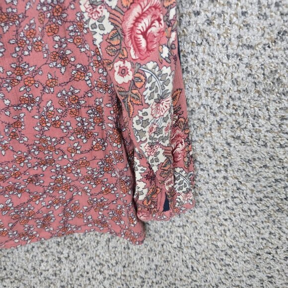 Lucky Brand Top Womens Small Pink Floral Print Boho Crinkle Gauze Neck Tie - Picture 2 of 7